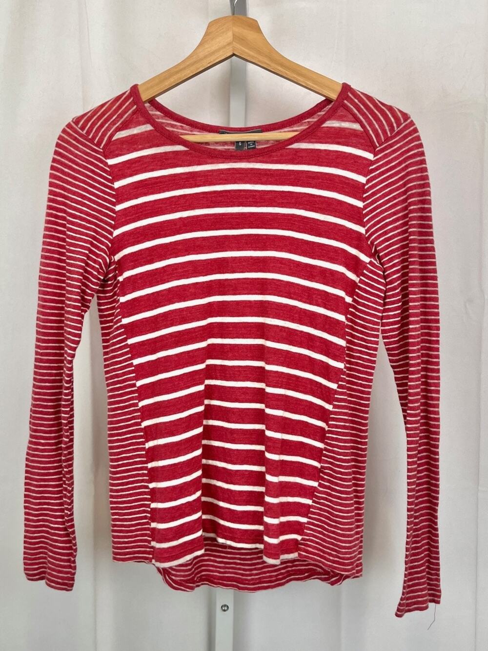 VINCE Linen Knit Mixed Stripe Long Sleeve Top Dusty Red White Size S